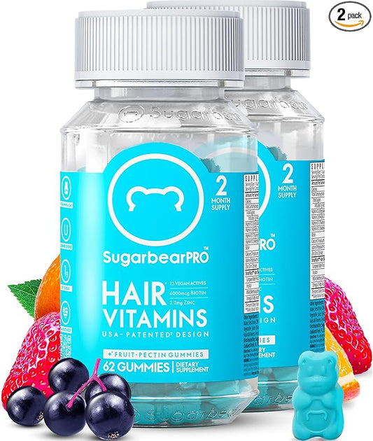 Sugarbear Hair Vitamin Gummy 4 Month Supply Extra Strength Biotin 6000mcg, Growth for Men & Women, Vegan Vitamin B12, MSM, Inositol, Omega 3, Elderberry, Certified Kosher, Halal, Cruelty-Free