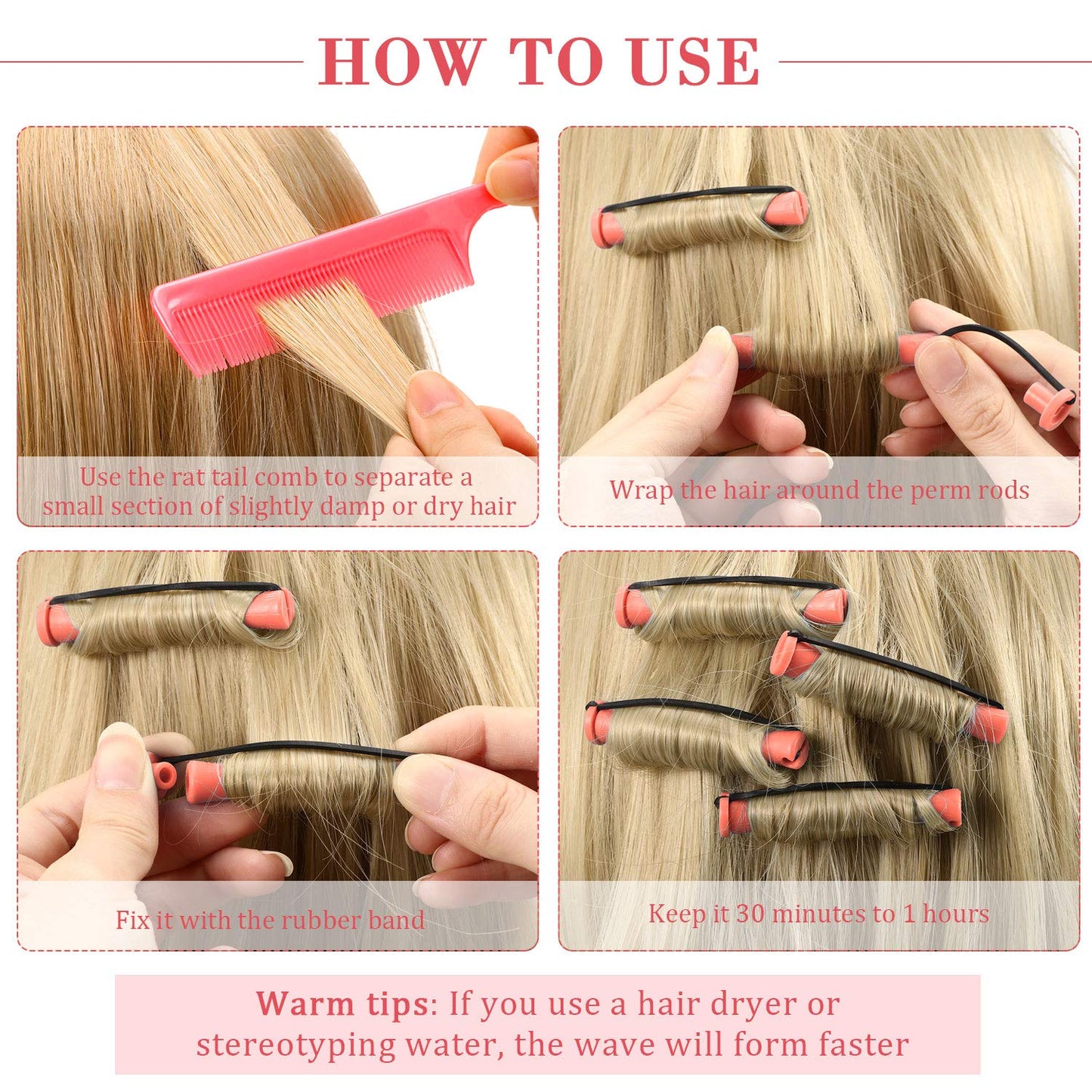 48 Pieces Hair Perm Rods Short Cold Wave Rods Plastic Perming Irons Hair Curling Rollers Curlers with Steel Pintail Comb Rat Tail Comb for Hairdressing Styling Supplies(0.51 Inch,Pink)