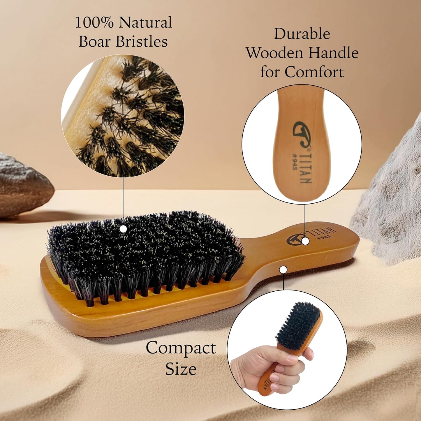 Titan Club Wave Brush for Men - 100% Natural Boar Bristles, Durable Wooden Handle, Smoothing Brush for All Hair Types, Restores Shine and Waves