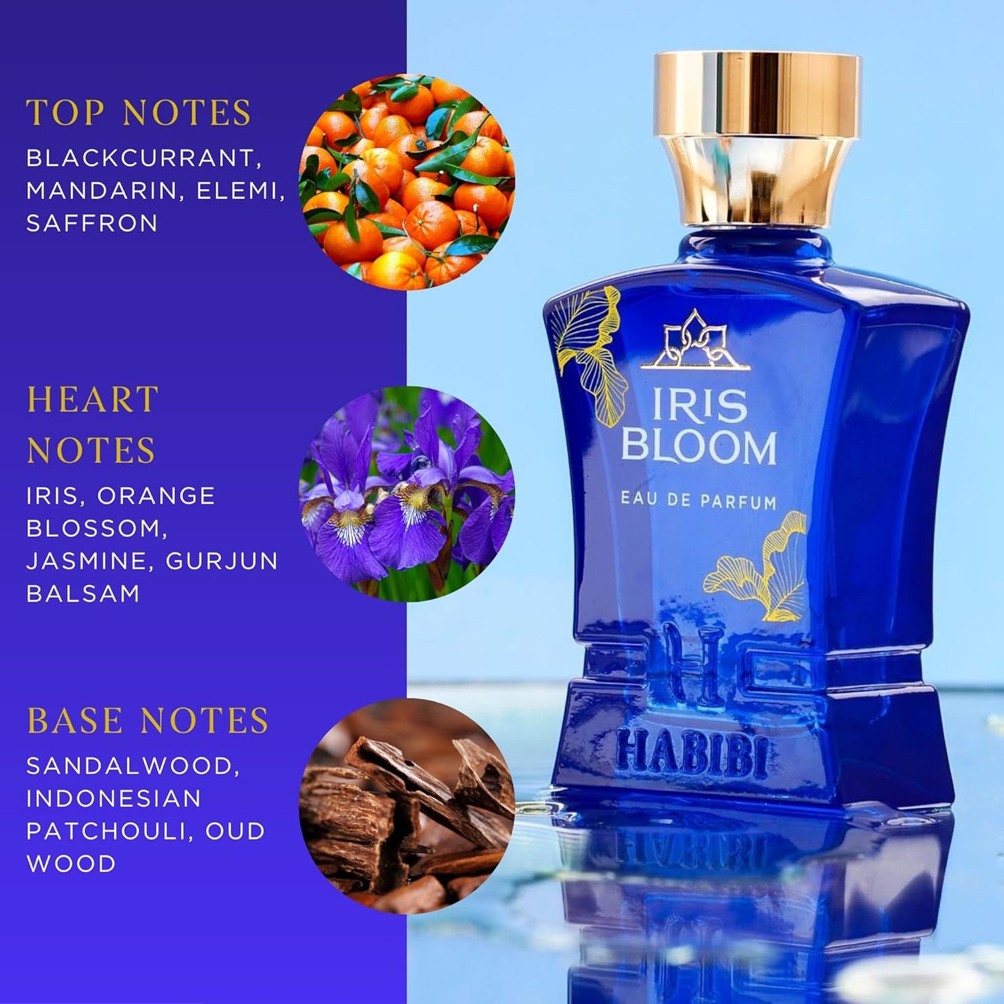 H HABIBI Iris Bloom Arabian Perfume for Women - 2.5 oz (75ML) Long Lasting Women's Fragrances, Floral Scent with Blackcurrant, Jasmine & Saffron Notes