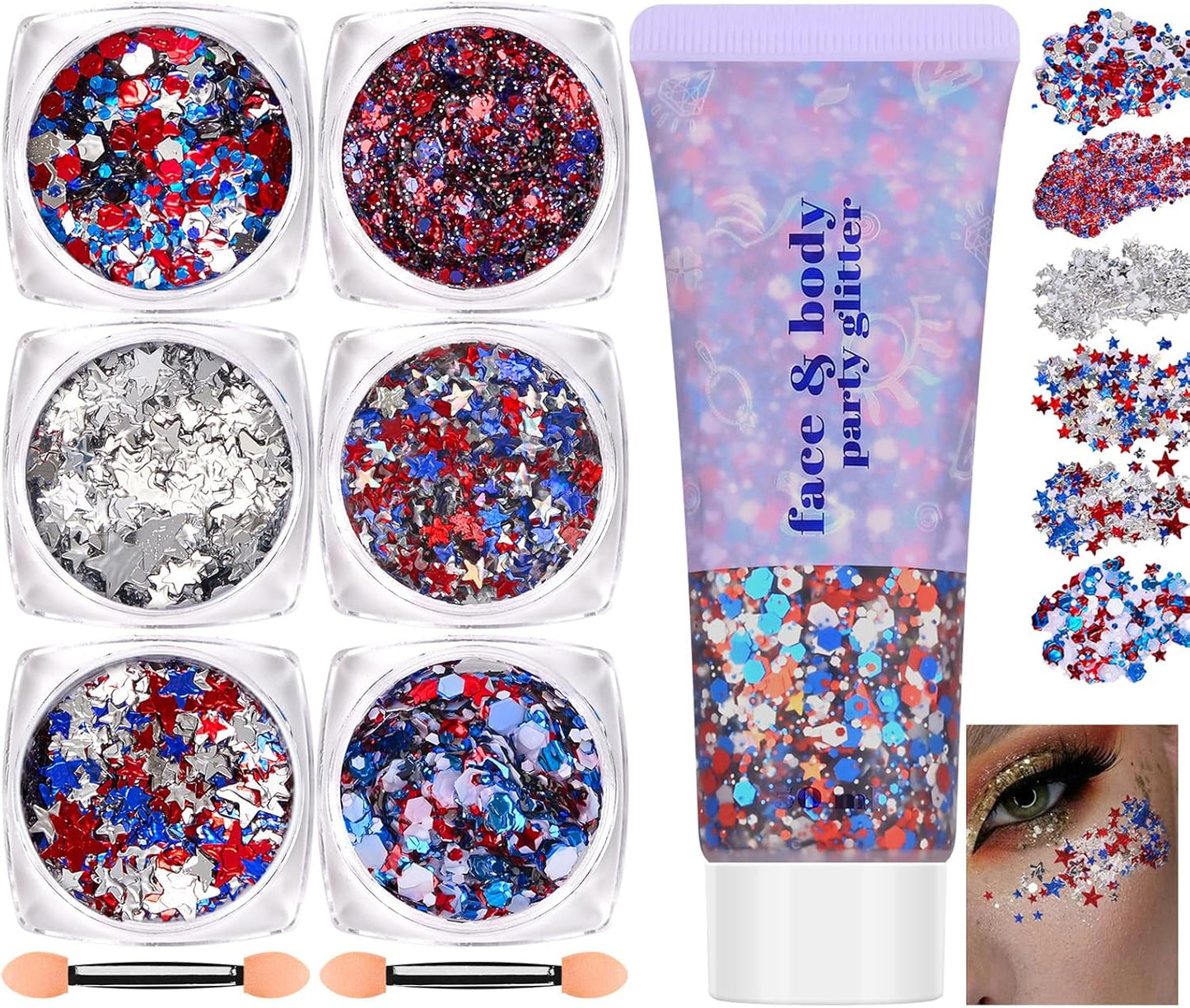 Red White Blue Face Body Hair Glitter Gel, USA Flag Pride 4th of July Patriotic Accessories Face Paint Glitter Makeup, 6 Kinds of Sparkling Sequins for Independence Day Patriotic Veterans Day