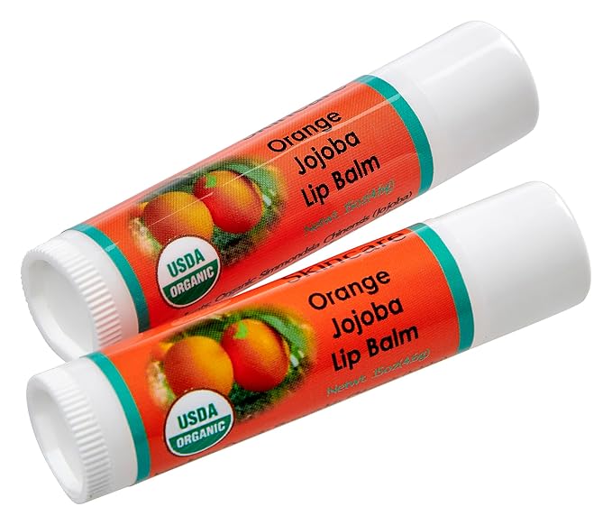 Organic Lip Balm - 70% Jojoba Oil with Beeswax - No Fillers or Additives - Moisturizes Dry Lips - Unflavored, Gluten-Free & Travel-Ready - 2-Pack - 0.15 oz/4.6 gm - Orange Scent
