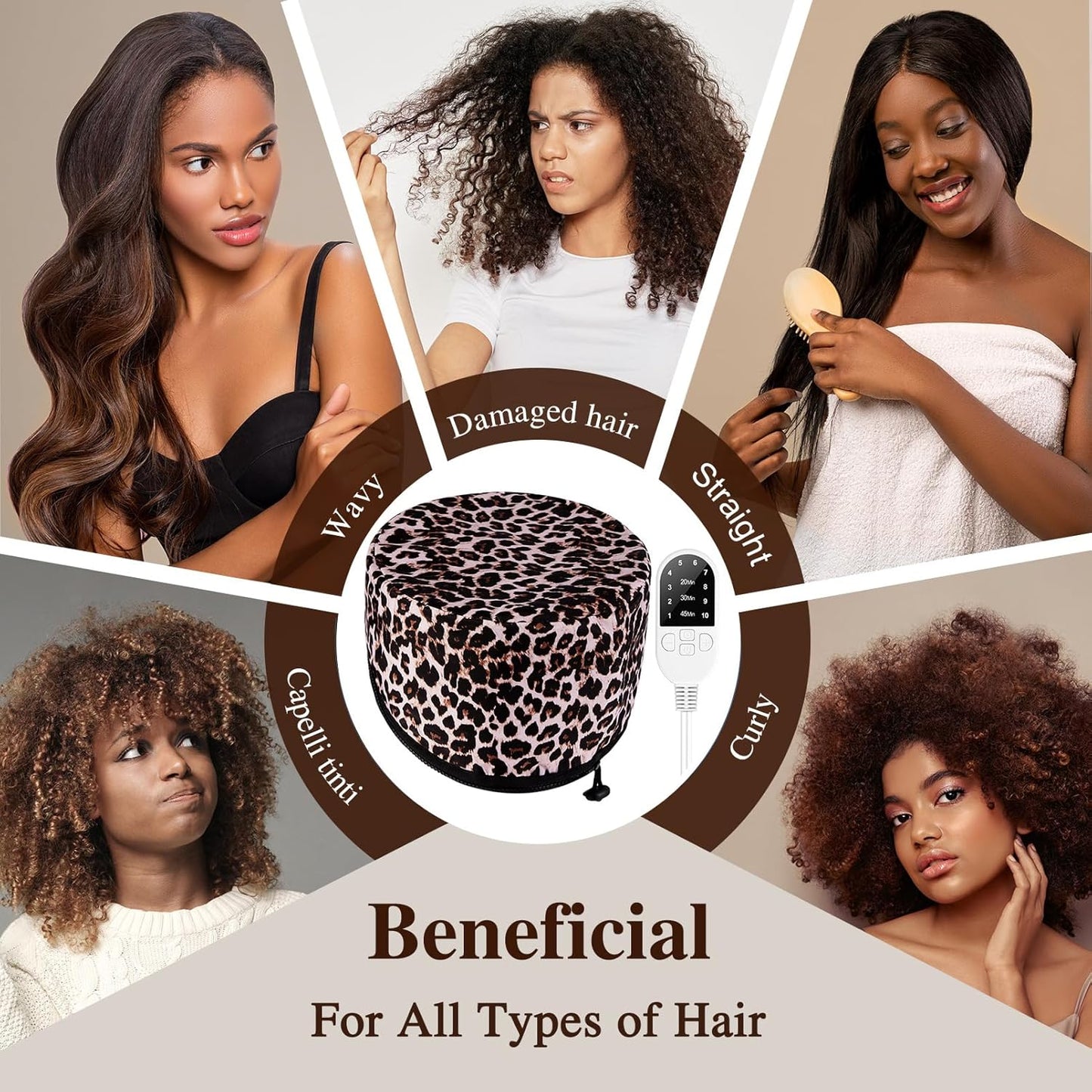 Heat Cap Leopard Thermal Steam Cap - 10-Level Heating for Deep Conditioning Natural and Black Hair at Home