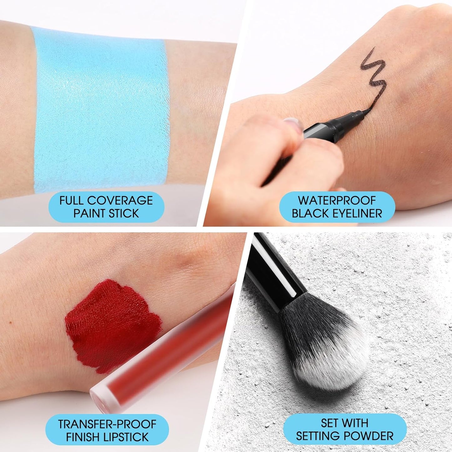 BOBISUKA Sally Halloween Makeup Kit- Light Blue Face Body Paint Stick with Red Lipstick, Black Eyeliner, Self-Adhesive Lashes, Setting Powder & Sponges Makeup Set For Avatar, Corpse Bride, Theme Party