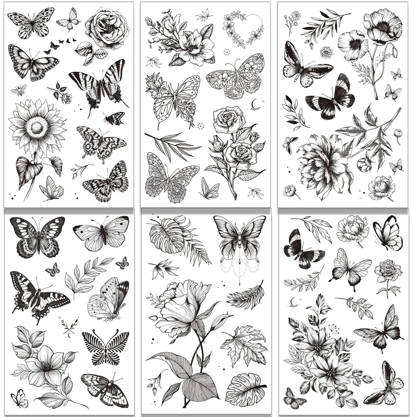 Tazimi 6 Sheets Black Flower Butterfly Temporary Tattoos For Women Girls Long Lasting Realistic Waterproof Fake Tattoos Arm Legs Chest Body Art Sketch Tattoo Stickers