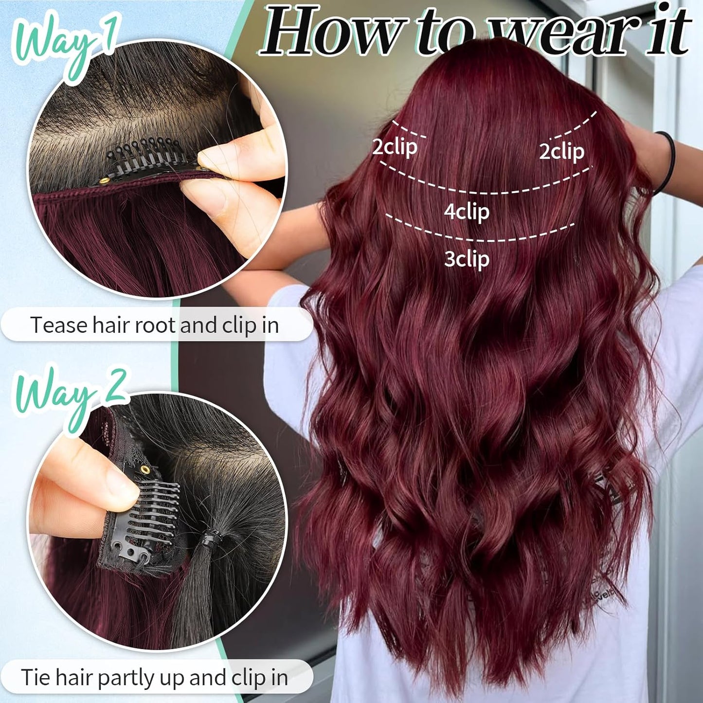 KooKaStyle Hair Extensions Burgundy Clip in Synthetic Highlight Hair Extensions Long Wavy 4PCS Thick Hairpieces 20 Inch for Women