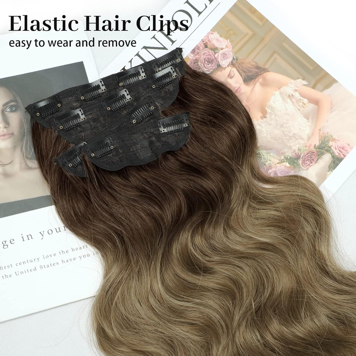 KooKaStyle Clip in Long Wavy Synthetic Hair Extension 20 Inch 4PCS Ombre Brown to Ash Blonde Hairpieces Fiber Thick Double Weft Hair Extension for Women