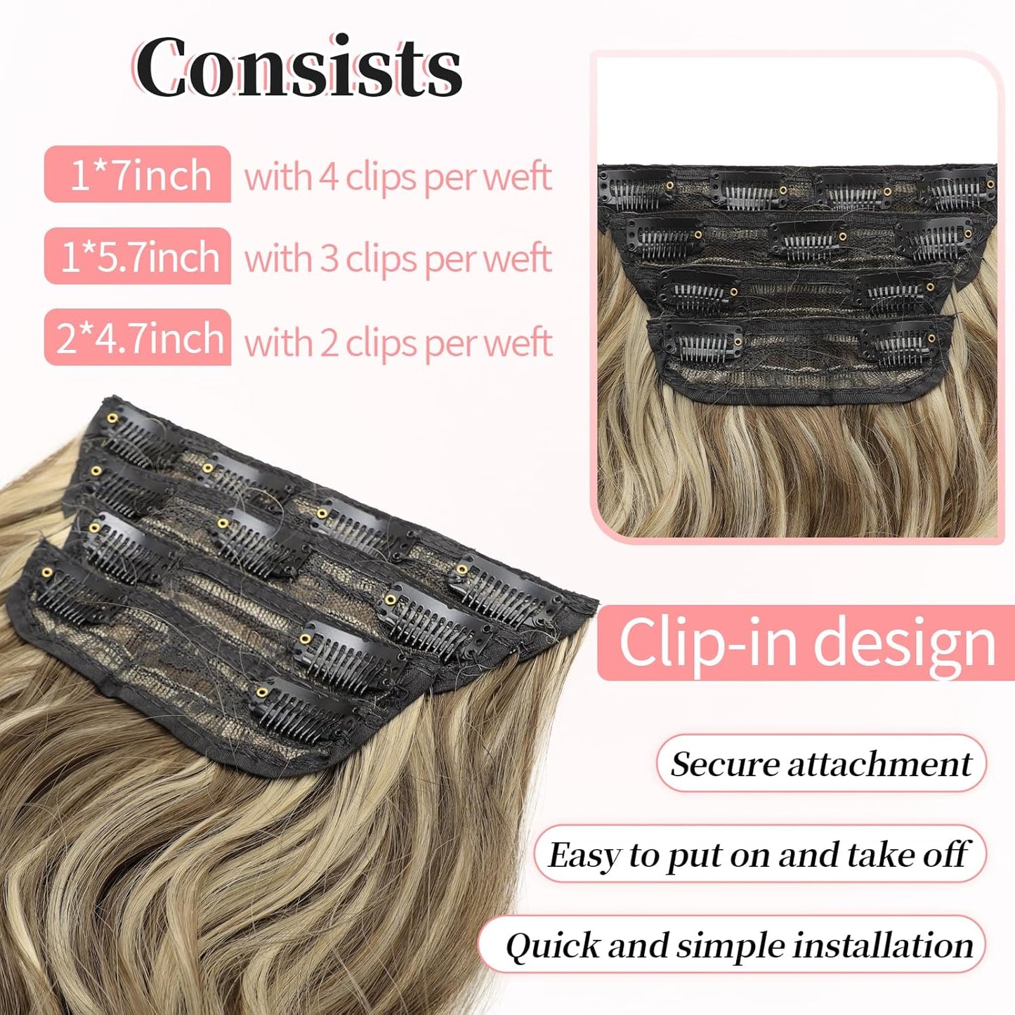 KooKaStyle Clip in Synthetic Highlight Hair Extensions Long Wavy 4PCS Thick Hairpieces Medium Brown Ash Blonde Fiber Double Weft Natural 24 Inch for Women