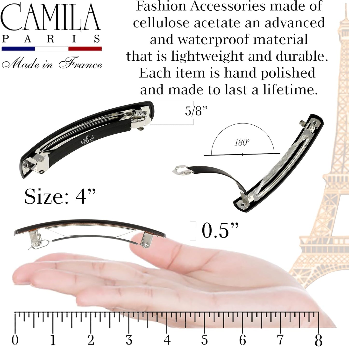 Camila Paris AD821 French Hair Barrette Clip for Girls, Tortoise Shell Strong Hold Grip, No Slip and Durable Cellulose Styling Girls Hair Accessories for Women, Automatic Clasp, Made in France