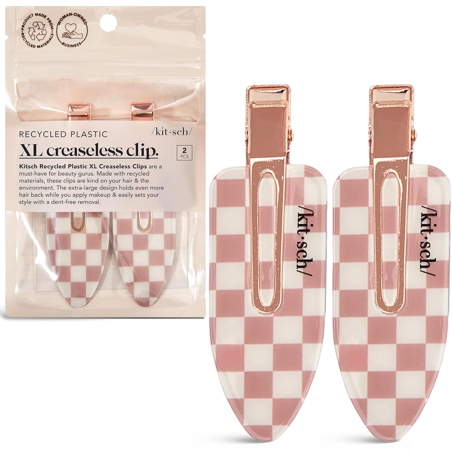 Kitsch Creaseless Hair Clips for Women - No Crease, No Bend Hair Clips for Styling, Bangs, Makeup Application, Face Wash | Recycled Acrylic - Checkered Terracotta | Ideal Gifts for Women, 2pcs