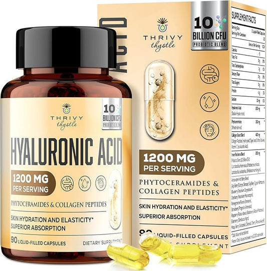 19-in-1 Hyaluronic Acid Capsules - Hylunaric Acid 1200 mg, with Collagen Peptides, Vitamin C, Phytoceramides - for Skin, Eyes, Gastrointestinal, Bones & Joint Lubrication (1 Pack)