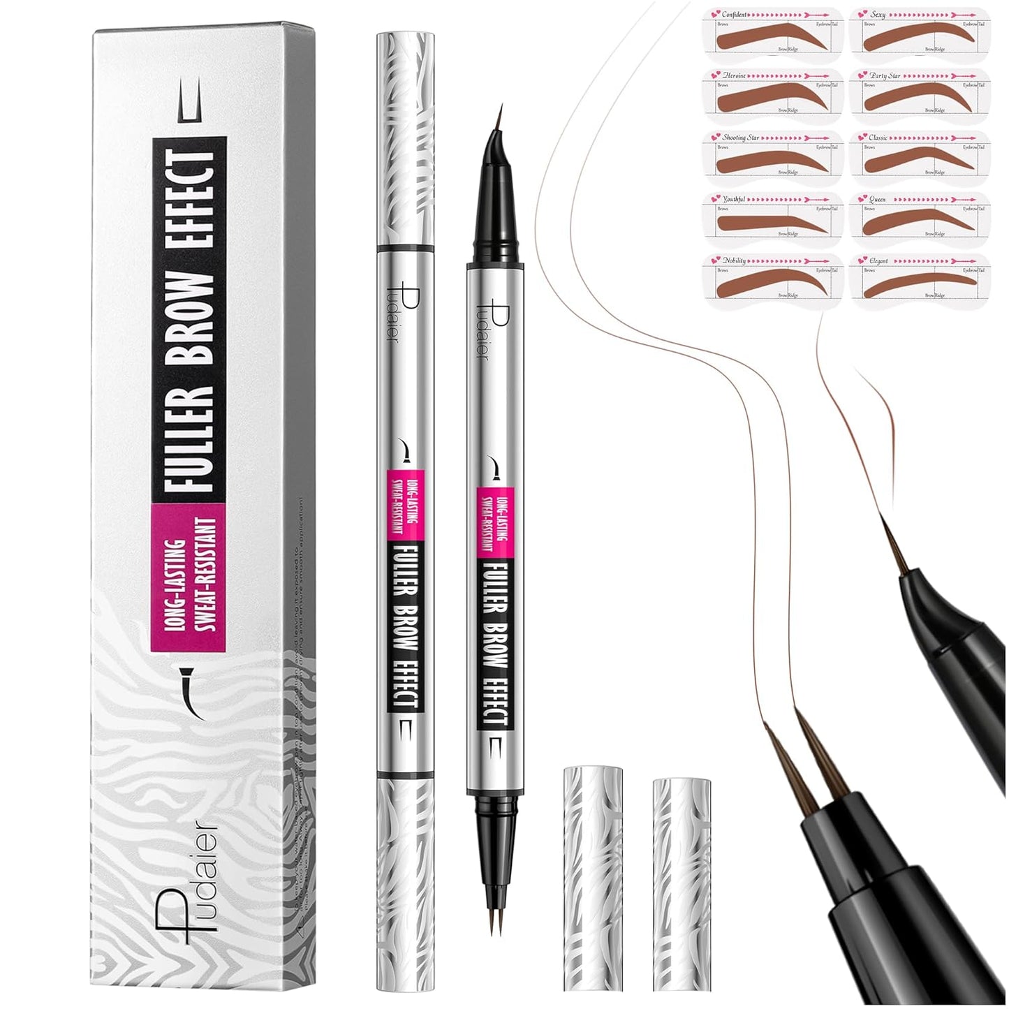 Pudaier 2 Pack 2 Fine Tip Eyebrow Pen, Waterproof Filling Faux Brow Makeup Pencils for Women with Precise Curved Brush-Tip to Fast Create Natural Hair-Like Brows, Last All-Day (Chocolate)