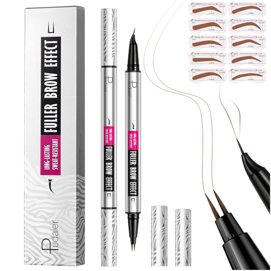 Pudaier 2 Pack 2 Fine Tip Eyebrow Pen, Waterproof Filling Faux Brow Makeup Pencils for Women with Precise Curved Brush-Tip to Fast Create Natural Hair-Like Brows, Last All-Day (Chocolate)