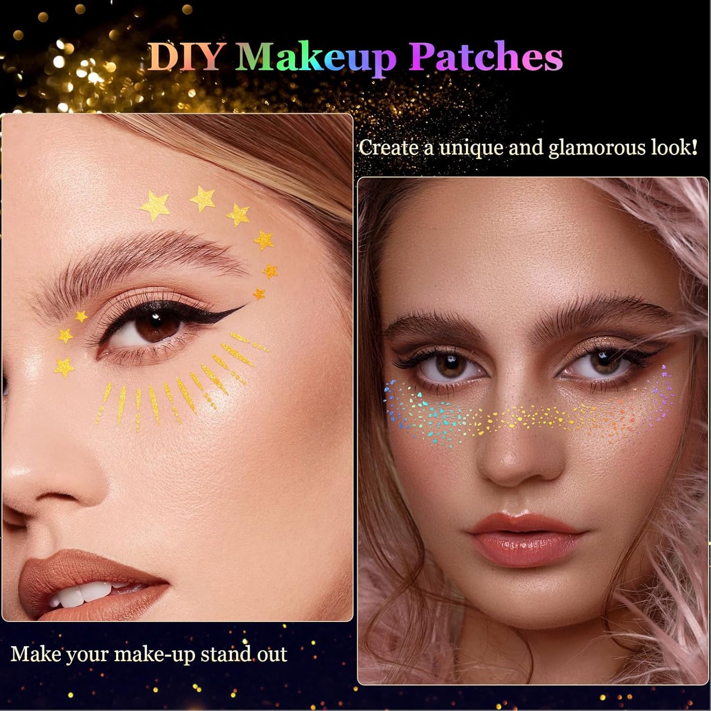 HyperFun 12Pcs Face Glitter Freckles, Face Glitter Fake Freckles Sticker, Holographic Multichrome Waterproof Sparkle Freckles Makeup Patches for Women Rave Festival Accessories Concerts Party Prom