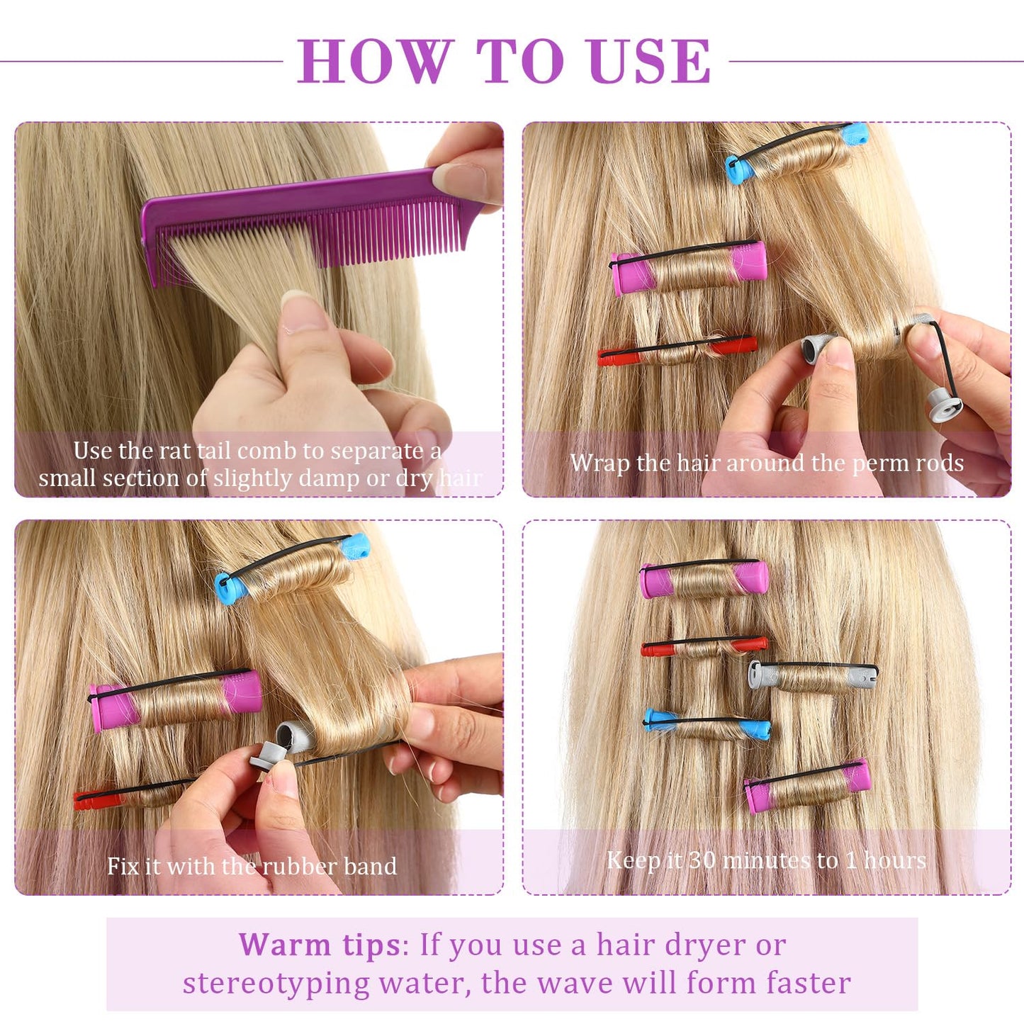 WILLBOND 72 Pieces Hair Perm Rods Set, Short Plastic Perming Rods Cold Wave Roller 4 Sizes Hair Curling Rollers with 1 Piece Steel Pintail Comb for Hairdressing Styling (Short)