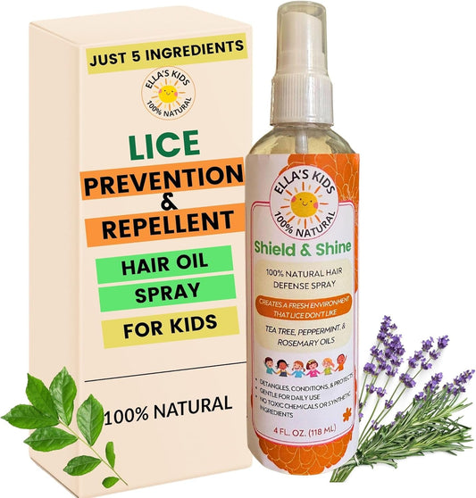 Natural Lice Prevention and Repellent Spray for Kids Hair – Made with Essential Oils, Detangles and Conditions, Only 5 Oil Ingredients - Tea Tree, Rosemary, and Lavender Oils by Ella’s Kids