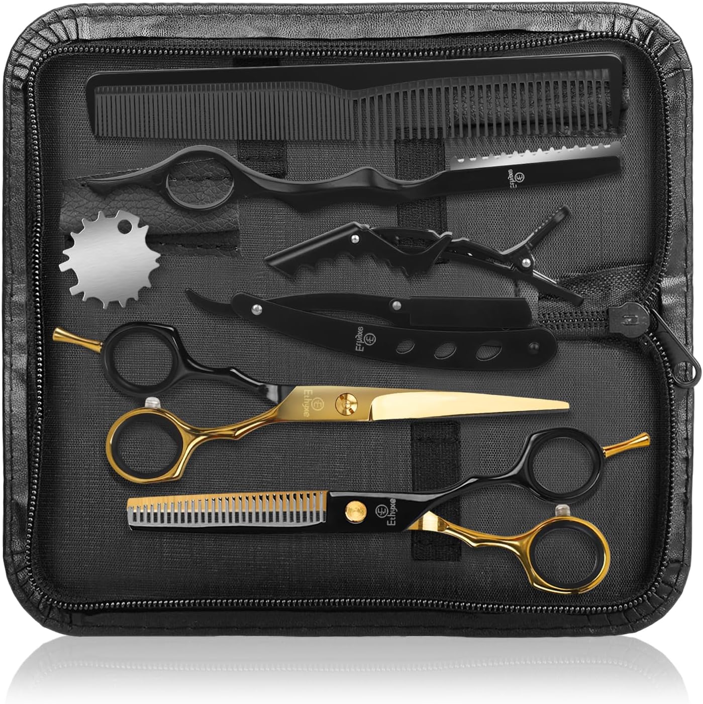 Hair Cutting Scissors Kit - 9 PCS Professional Haircut Scissors Set with Stainless Steel Straight and Thinning Shears for Home, Salon, and Barber Use (Black & Gold)