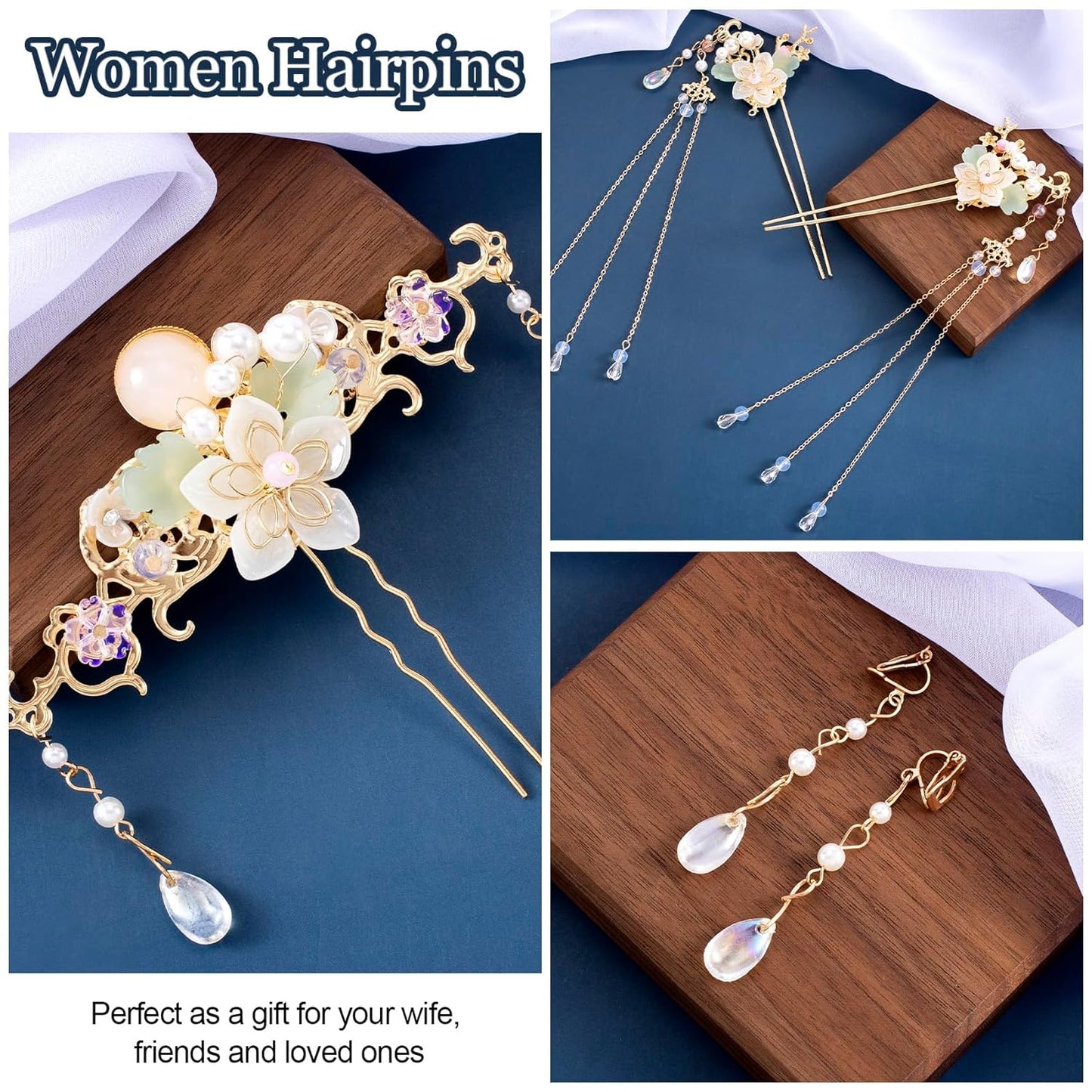 5PCS Orchid Flower Tassels Hairpin, Crystal Rhinestone Pearl Hair Clips Headpiece Retro Chinese Hanfu Floral Wedding Brides Hair Accessories Jewelry for Women Girls Updo Long Hair