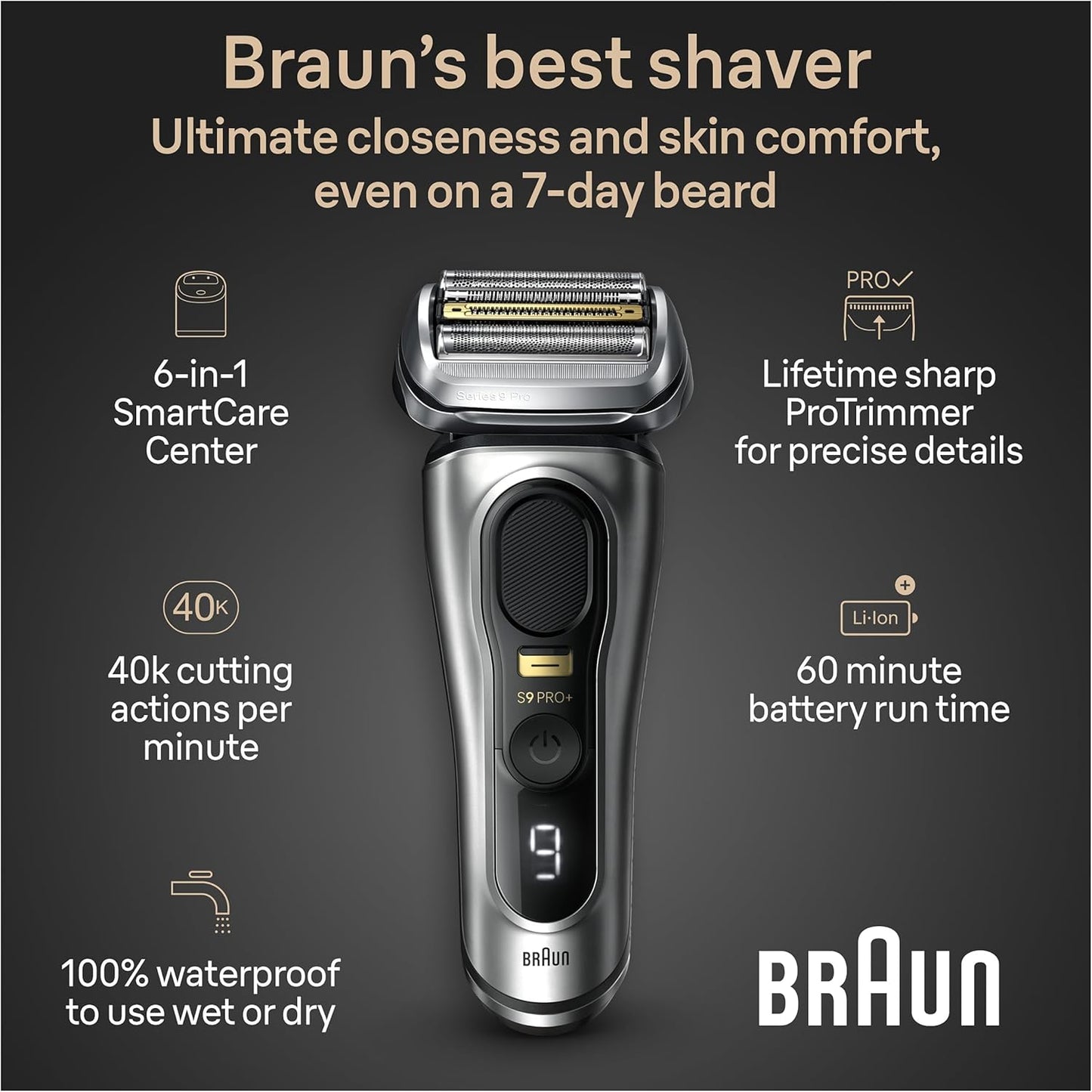 Braun Series 9 PRO+ Electric Razor for Men, 5 Pro Shave Elements & Precision Long Hair Trimmer, 6in1 SmartCare Center, Wet & Dry Electric Razor for Smooth Skin with 60min Battery Runtime, 9567cc