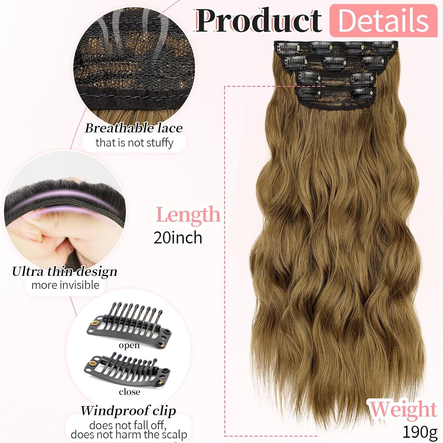KooKaStyle Clip in Synthetic Hair Extensions Long Wavy 4PCS Thick Hairpieces Brown with Multi - Tone Highlights Fiber Double Weft Natural Hair Extensions 20 Inch for Women