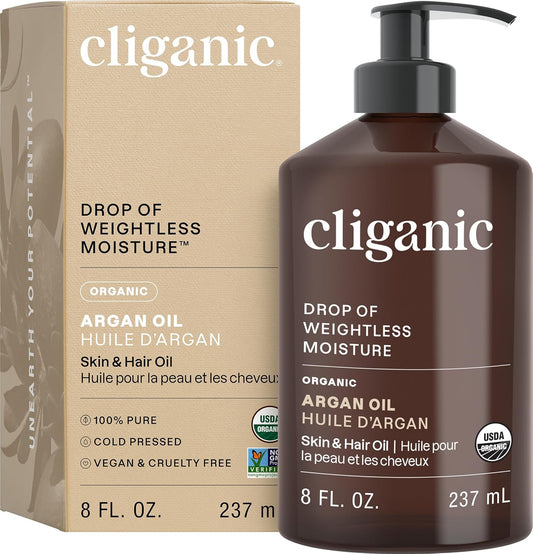 Cliganic Organic Argan Oil 8oz with Pump, 100% Pure - for Hair, Face & Skin