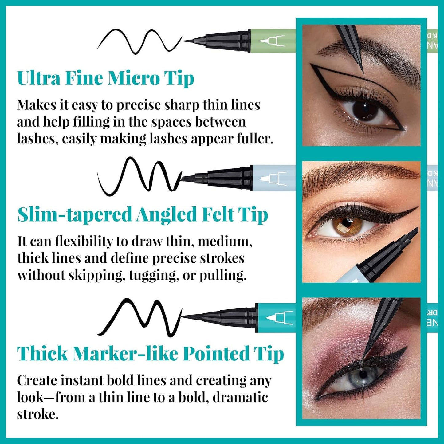 UCANBE 3pcs Black Liquid Eyeliner Kit Included 3 Brush Tip for Ultra Precision, Quick Drying, Smooth Glide, Smudge-Resistant, Waterproof Pigmented Up To 24 Hours Liquid Liner Eye Makeup Set