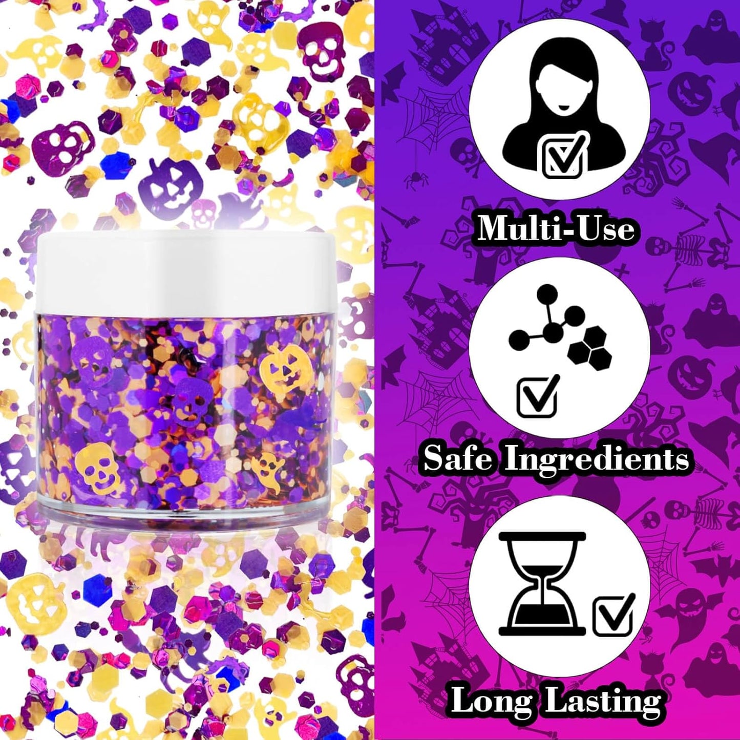 Halloween Face Glitter Gel,Orange Purple Skull Pumpkin Body Glitter Face Paint,Chunky Giltter for Face Body Hair,Kid’s Colorful Shimmering for Party Rave Music Festival Carnival Makeup