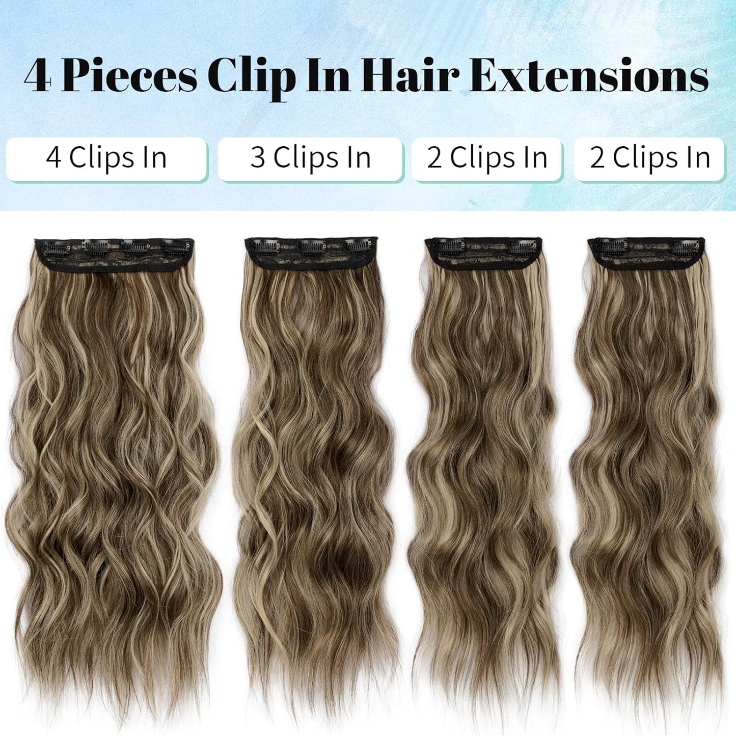 KooKaStyle Hair Extensions Light Brown mix Blonde 626D Clip in Synthetic Highlight Hair Extensions Long Wavy 4PCS Thick Hairpieces 20 Inch for Women