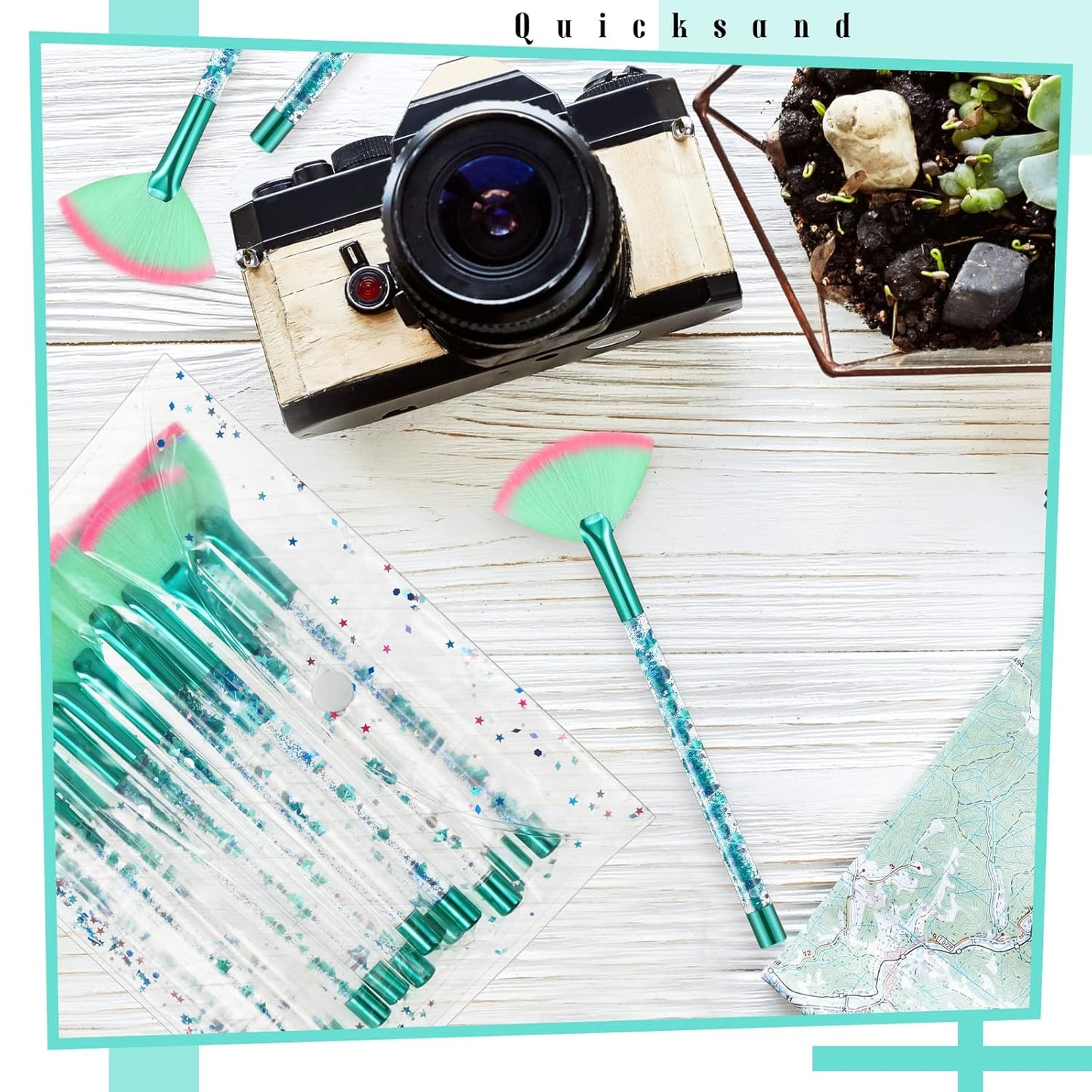 Nuenen 12 Pcs Soft Fan Facial Brushes Mask Acid Applicator Brush for Mud Cream Blush Makeup Peel Glycolic Multi Use Cosmetic Tools with Glitter Quicksand Handle and Pouch(Green)