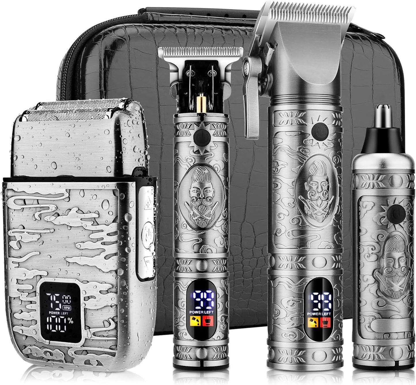 Professional Hair Clippers for Men,Hair Clippers+T-Blade Trimmer+Electric Shaver+Nose Hair Trimmer Set,4 in 1 Cordless Barber Hair Cutting Kit LCD Display Gifts (Gray)