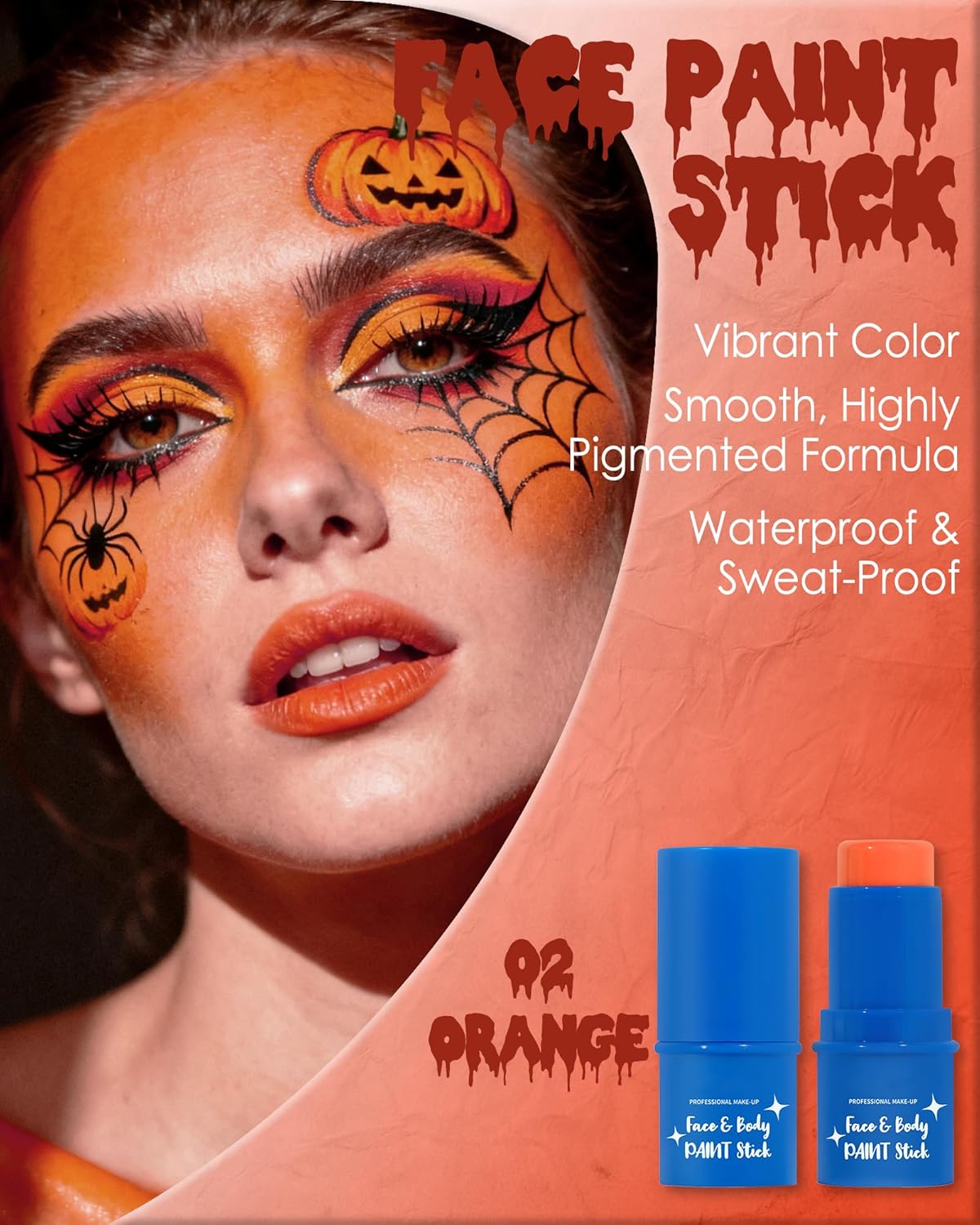 Orange Face Paint Stick, Waterproof Highly Pigmented Full Body Paint for Adults, Orange Eye Black Stick for Baseball Sports, Body Face Painting for Halloween SFX Cosplay Makeup-02