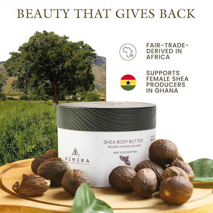 AZMERA Shea Body Butter - Organic Body Butter for Women & Men Dry Skin Rich in Antioxidants & Vitamin E - Vegan Shea Butter Moisturizer, Raw Shea Butter from Africa (Mint&Eucalyptus, 250ml)