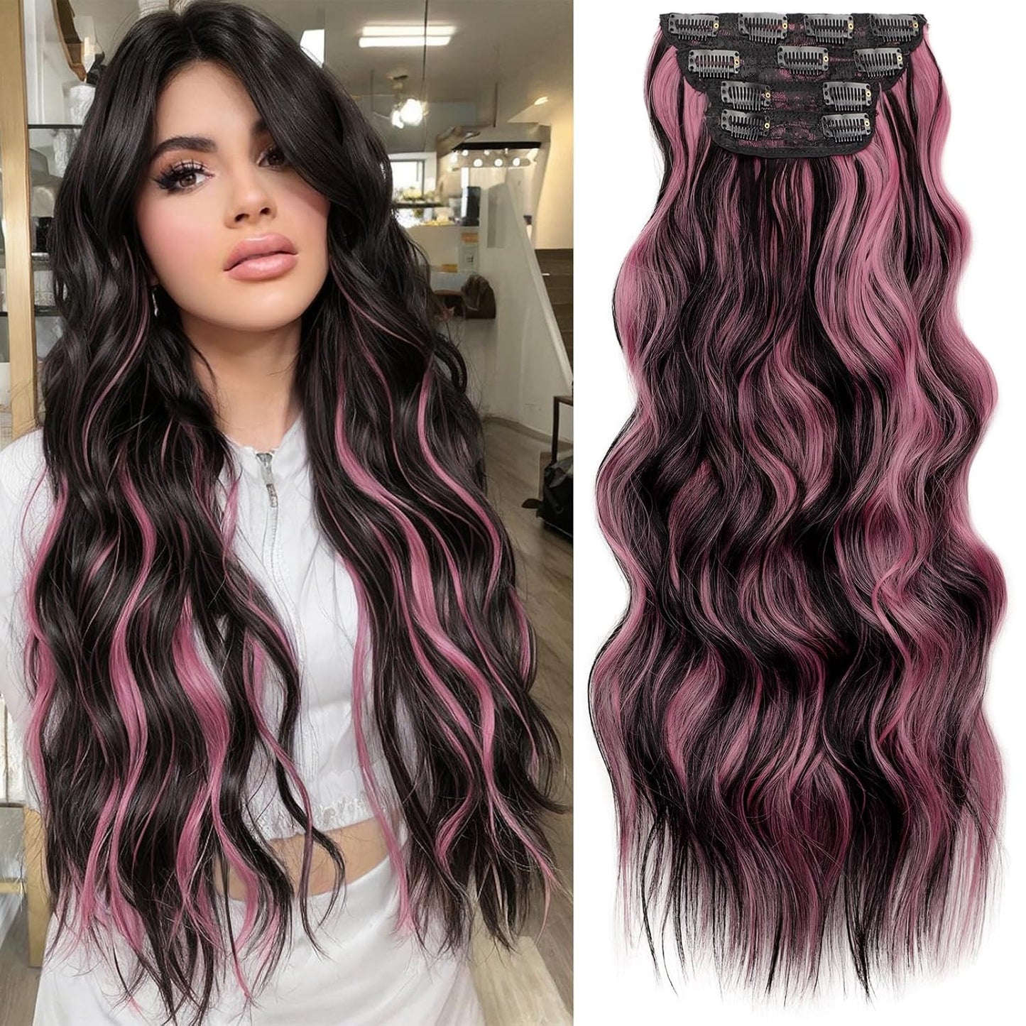 KooKaStyle Clip in Hair Extensions 4PCS Long Wavy Natural & Soft Hairpieces for Women 24 Inch for Women(Natural Black Pink)
