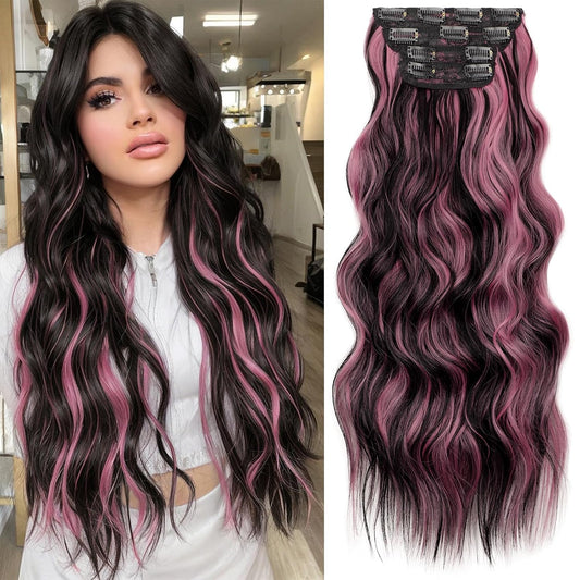 KooKaStyle Clip in Hair Extensions 4PCS Long Wavy Natural & Soft Hairpieces for Women 24 Inch for Women(Natural Black Pink)