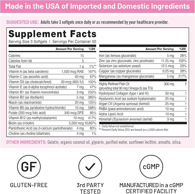 NatureWise Hair Skin and Nails Vitamin, Biotin 5000mcg w/Hyaluronic Acid, Collagen for Women with C, B Complex, D3, A, E, Iron - Non-GMO, Gluten Free - 150 Softgels[50-Day Supply]