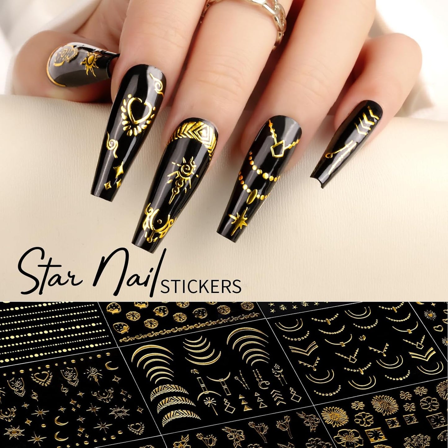 Teenitor 50 Sheets Nail Stickers for Nail Art, Nail Decals Gold Nail Stickers for Kids Women in Fall Winter Halloween Christmas, Nail Decorations