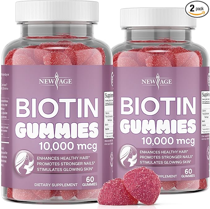 NEW AGE Biotin Gummies – Hair, Skin & Nails Gummies – 10,000 mcg - Non-GMO Supplement for Women, Men - Made in USA -120 Count