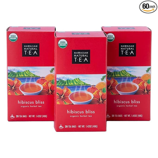 Hawaiian Natural Tea - Organic Hibiscus Bliss Herbal Tea, Caffeine-Free Hibiscus Tea, All-Natural and Antioxidant-Rich Wellness Tea, Vegan and Keto-Friendly, 60 Tea Bags