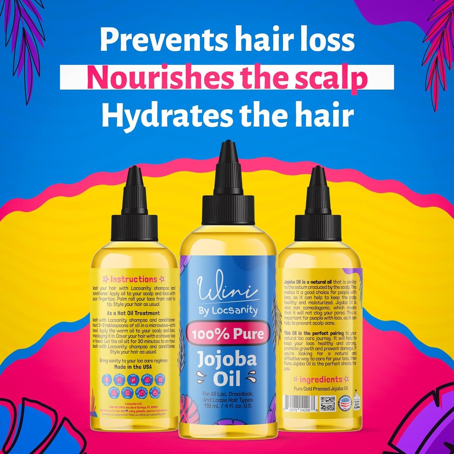 Locsanity Wini Pure 100% Jojoba Oil Organic Cold Pressed Unrefined Non-GMO - 4 fl oz: Moisturizing Face & Hair Oil for Growth, Skin Care, Strengthening & Nourishing