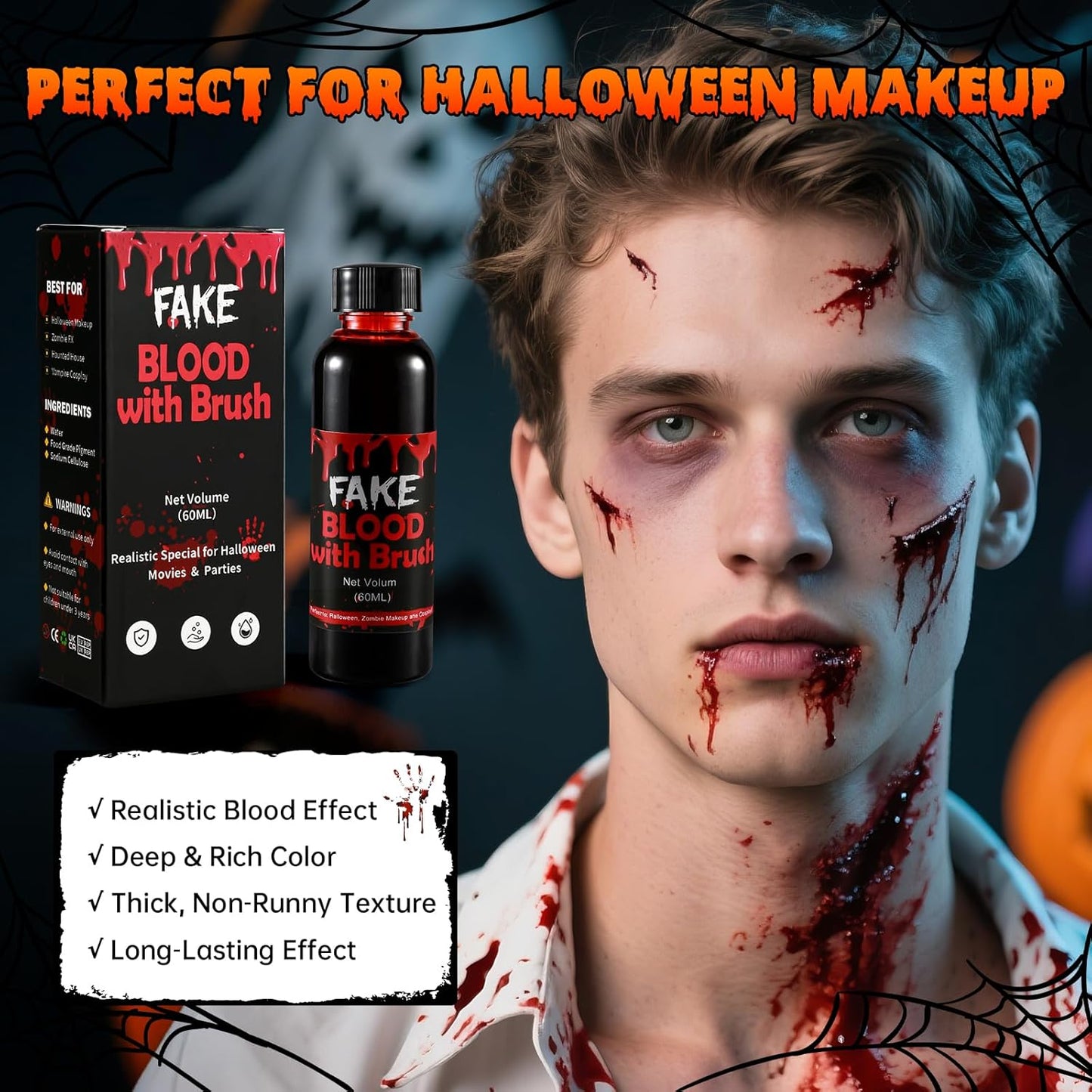 Halloween Fake Blood with Brush Cap – 60ML Dark Blood Coagulated Look for Realistic SFX Makeup, Vampire Zombie Wound Effects, Fake Blood Makeup for Clothes, Face, Cosplay, Theater,Party