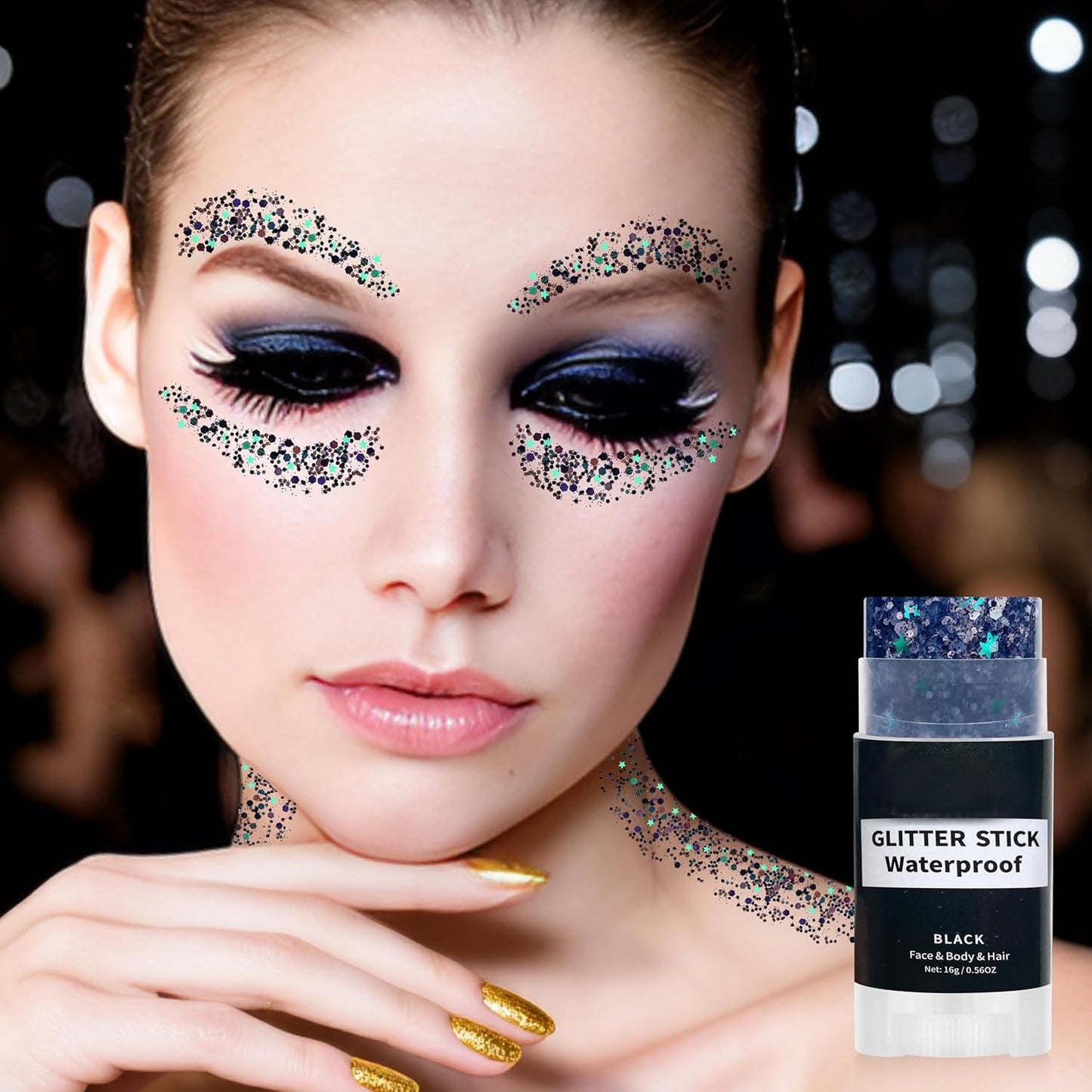 Black Face Glitter Stick,Halloween Body Hair Glitter for Kids,Waterproof Singer Concert Outfits for Women, Chunky Glitter Makeup Sequins Body Paint for Parties,Festival