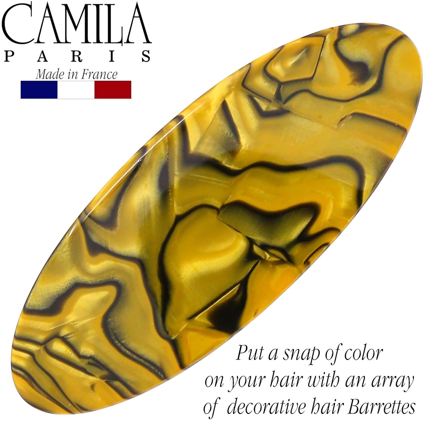 Camila Paris CP3139 French Hair Barrette Clip Handmade Oval Yellow, Strong Hold Grip Hair Clips for Women, No Slip Rubberized Metal Closure, Durable Styling Girls Hair Accessories, Made in France