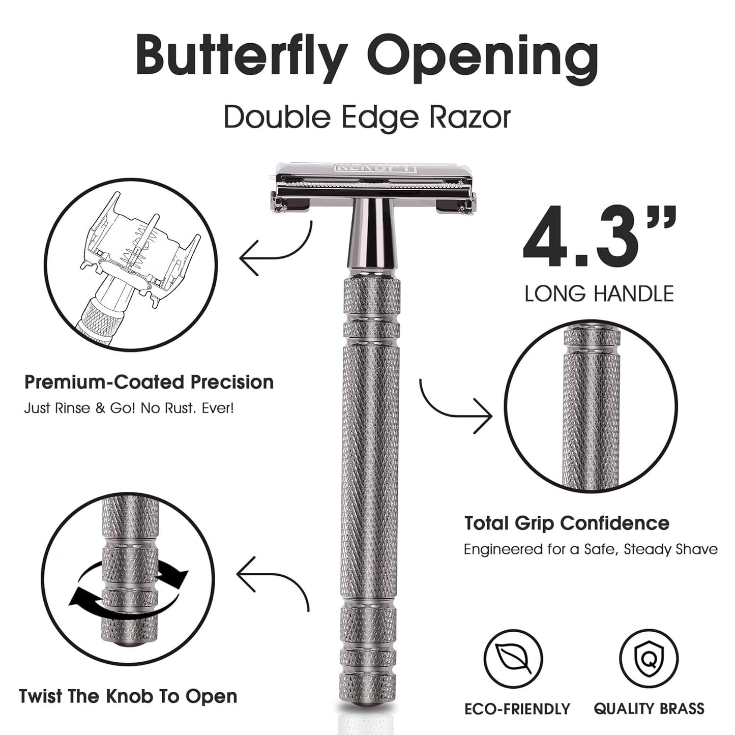 Double Edge Safety Razor for Men, Butterfly Open Comb Design with 10 Superior Blades - Stainless Steel Razor for Close Smooth Shave, Quick Charge for Modern Men, All-in-One, Eco-Friendly - Gloss Black