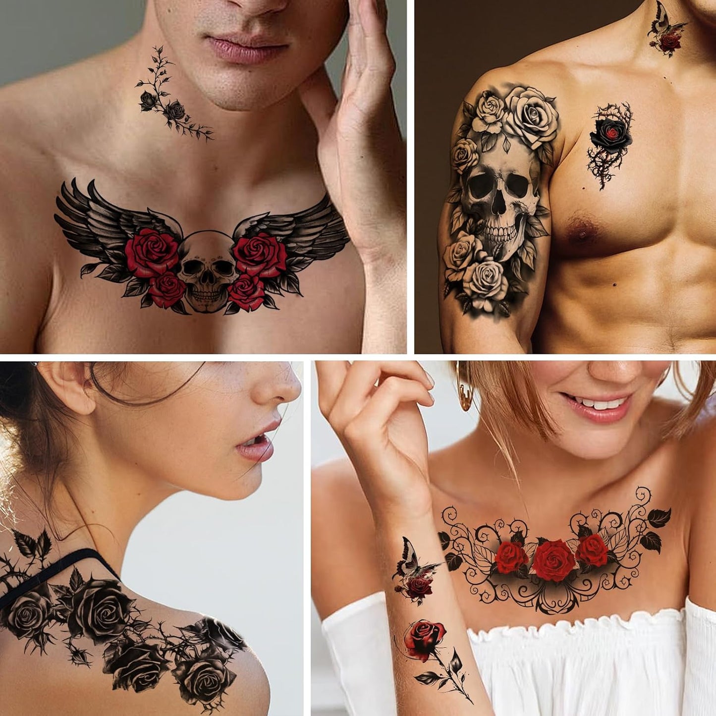 77 Sheets Flower Temporary Tattoo, 17 Sheets Half Arm Skull Rose Sunflower Fake Arm Leg Chest Tattoos for Adults Men Women, 60 Sheets Tiny Tattoos Stickers for Boys Girls Kids Party Favors