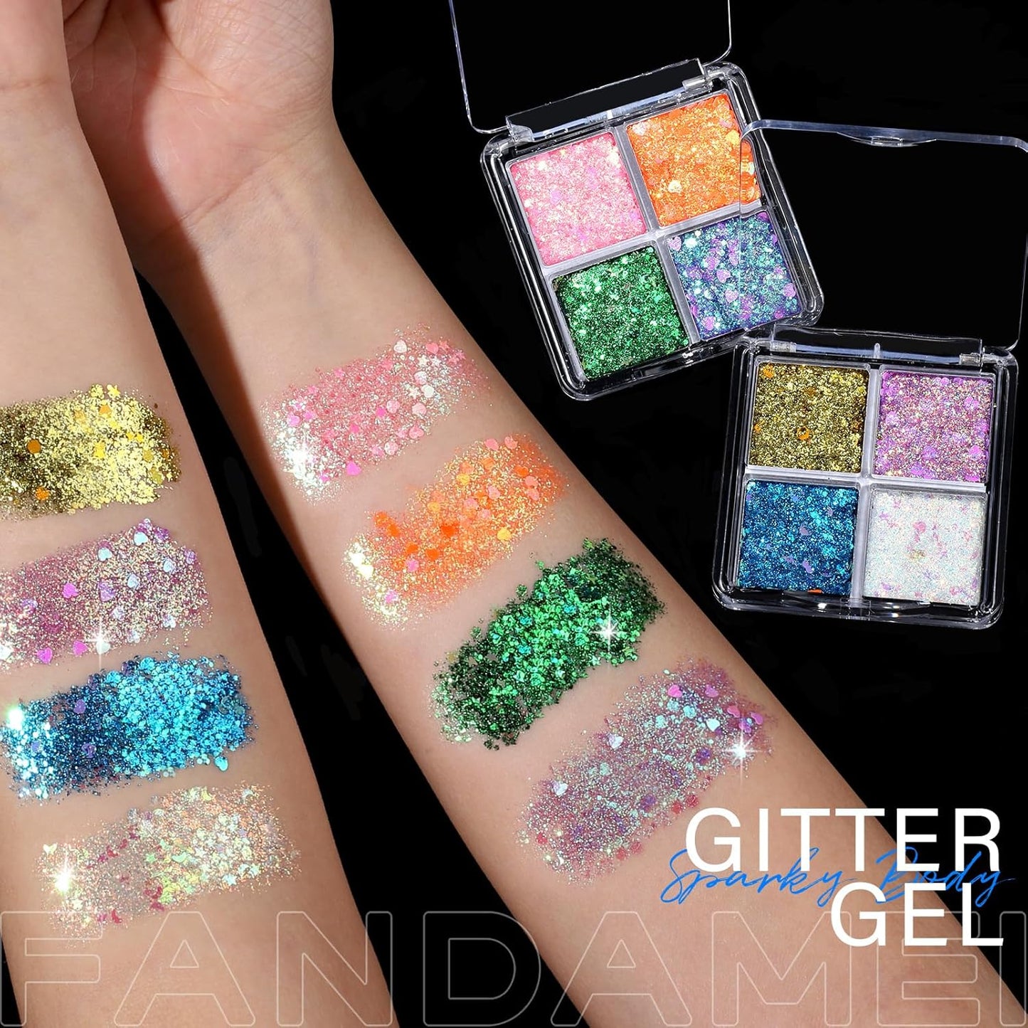 FANDAMEI Face Glitter Palette, 2PCS 8 Colors Glitter Gel for Face, Body Glitter for Women, Hair Glitter for Kids, Halloween Fairy Rave Mermaid Makeup Glitter