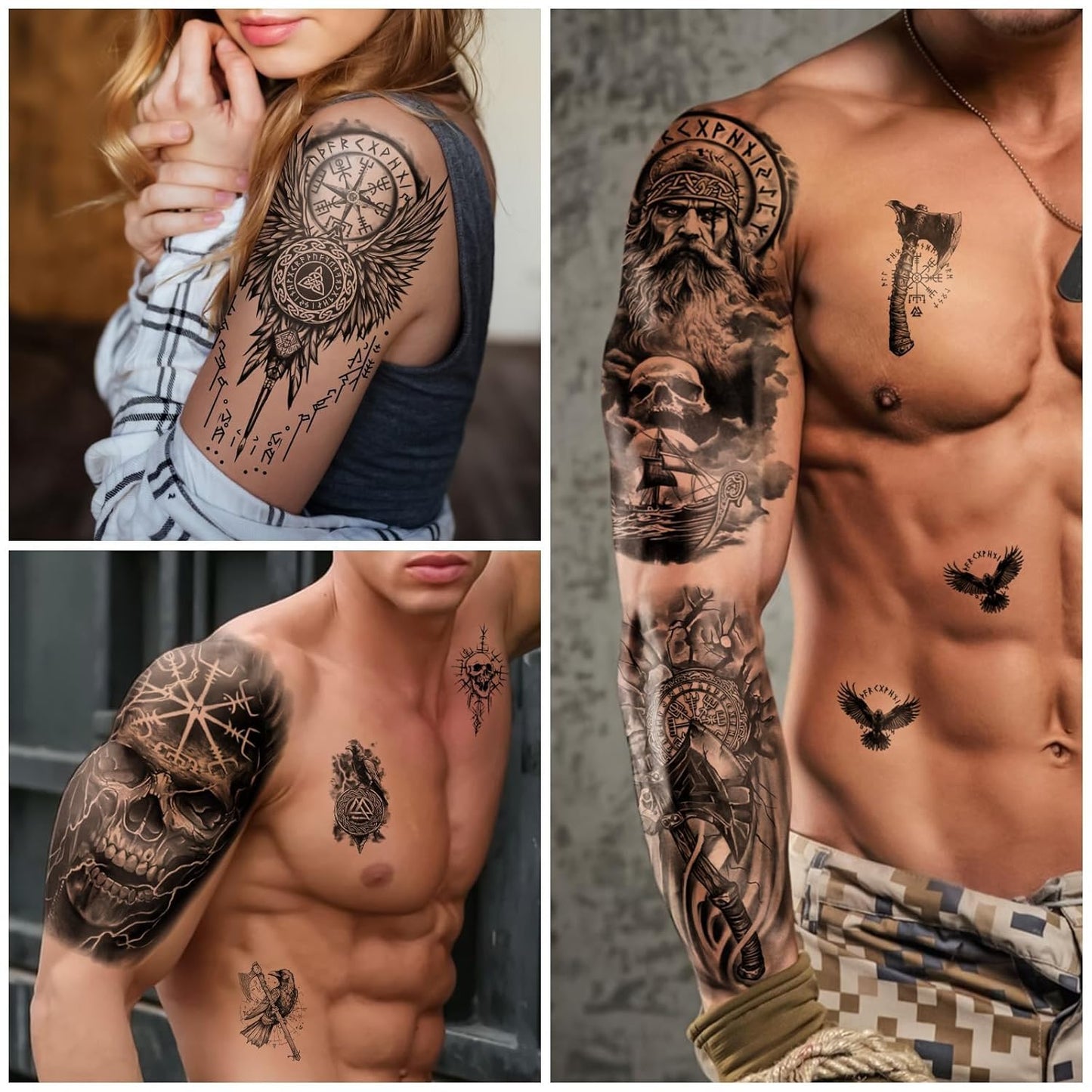 Viking Temporary Tattoos for Adults, 77 Sheets Viking Fake Tattoos for Men and Women, Black Large Norse Tattoo Sleeve Stickers