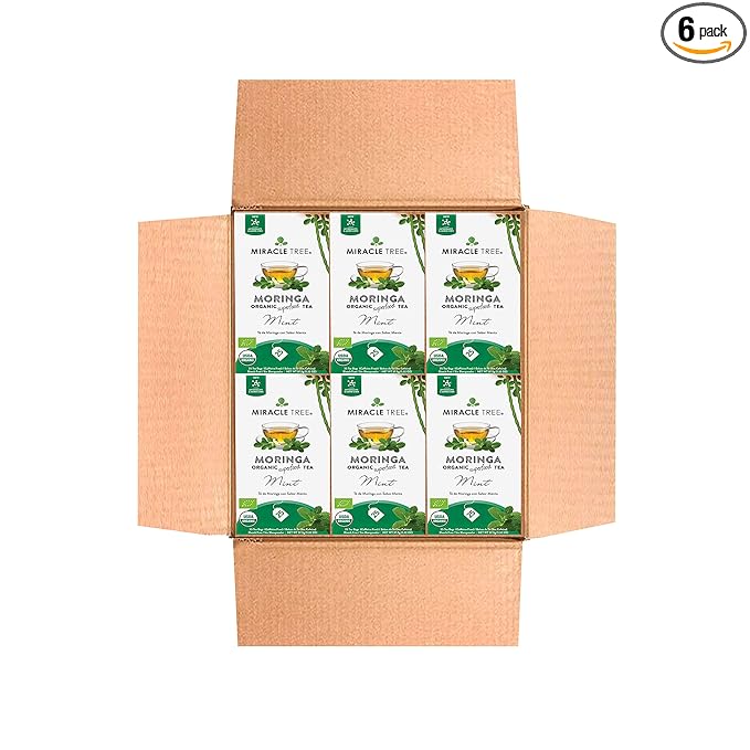 Miracle Tree - 6 Count of Organic Moringa Superfood Tea, 25 Individually Sealed Tea Bags, Mint (Keto, Detox, Energy/Immunity Booster, Vegan, Gluten-Free, Organic, Non-GMO, Caffeine-Free)