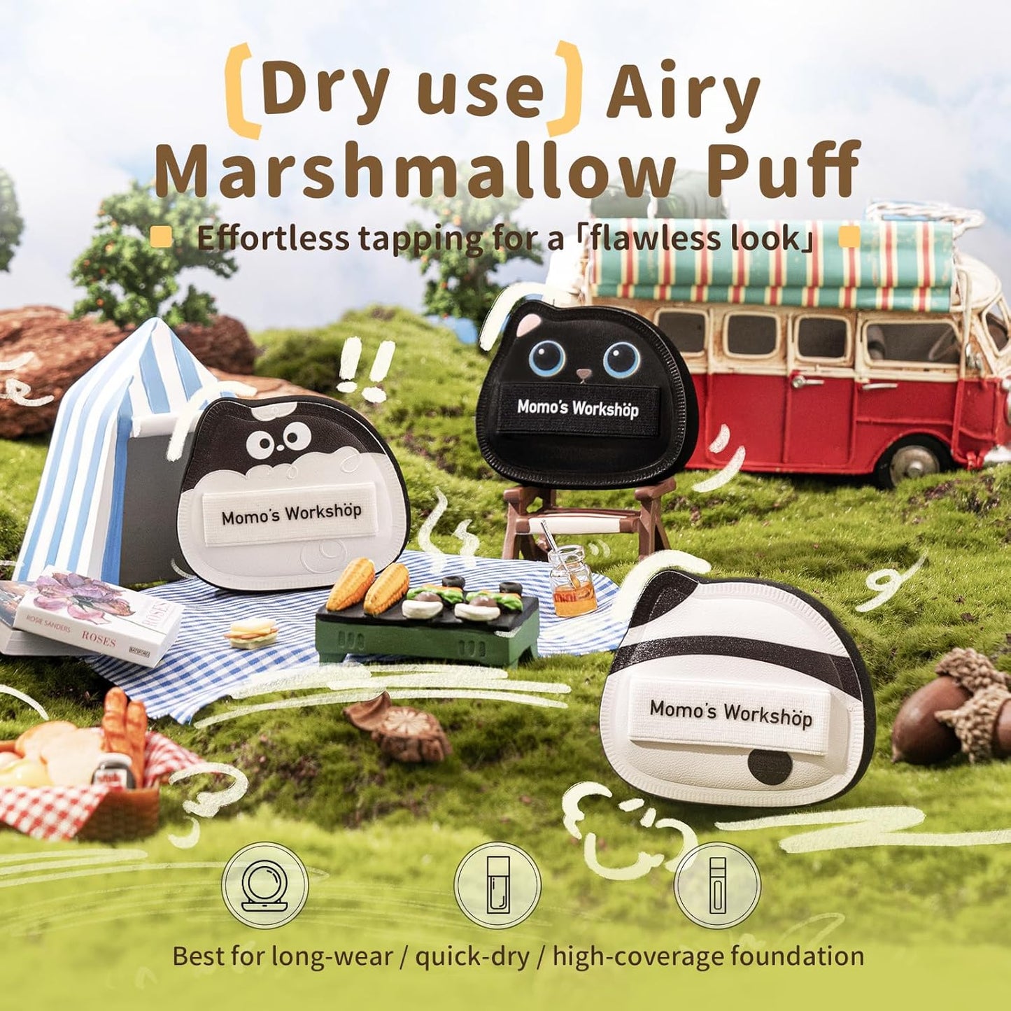 Black Cat Toto Airy Marshmallow Puff,Makeup Sponge,Rubycell Material,Pointed Tip for Concealer + Flat Side for Foundation, Longwear Makeup, Travel Friendly & Reusable,2pcs Puffs & Storage Case