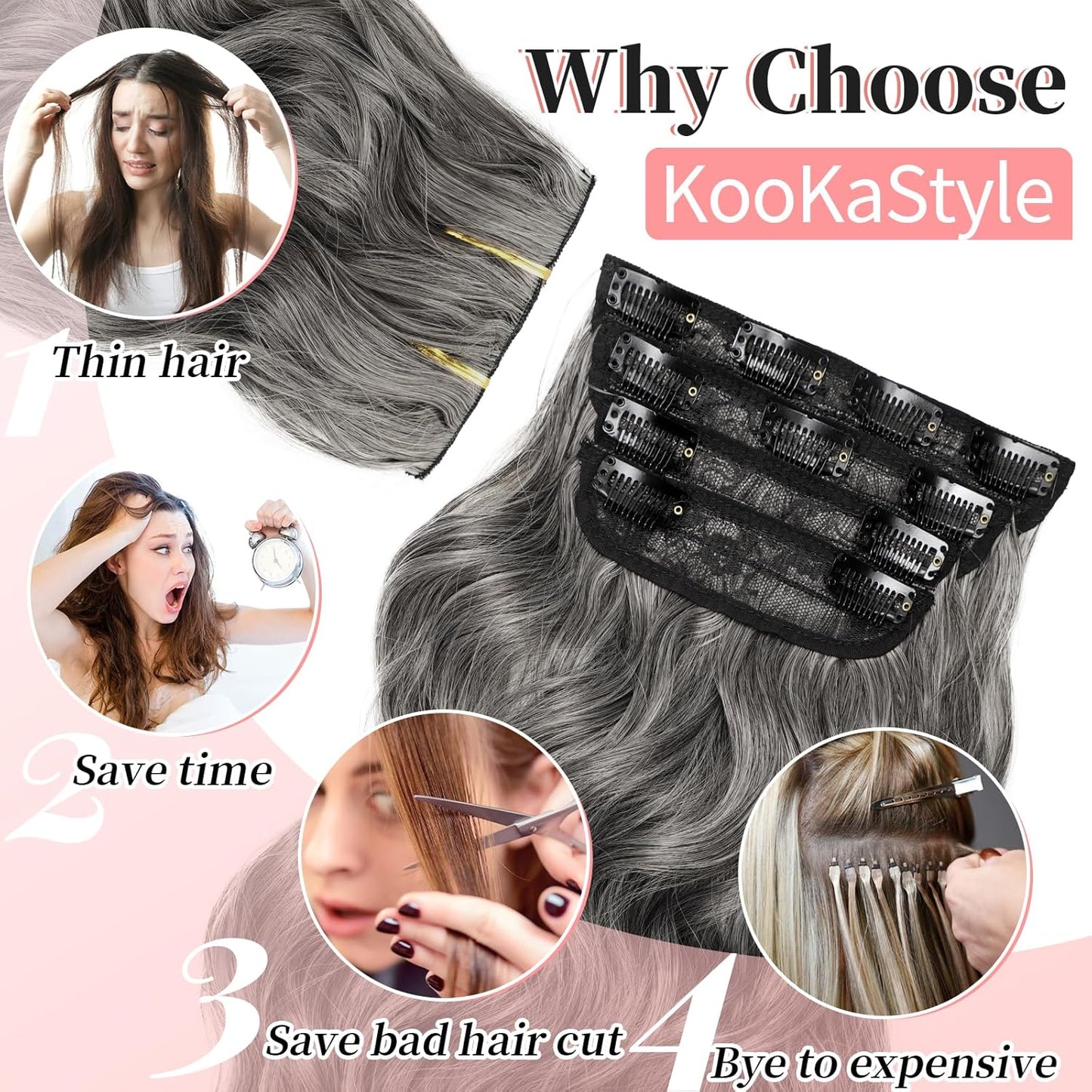KooKaStyle Clip in Synthetic Hair Extensions Long Wavy 4PCS Thick Hairpieces Grey Sliver Mixed Fiber Double Weft Natural Hair Extensions 20 Inch for Women