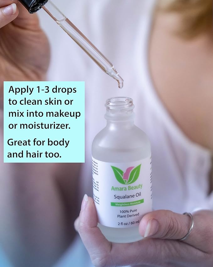 Amara Beauty Squalane Oil Moisturizer with 100% Pure Plant Derived Squalane for Face, Body, Skin and Hair - Face Oil 2 fl. oz.